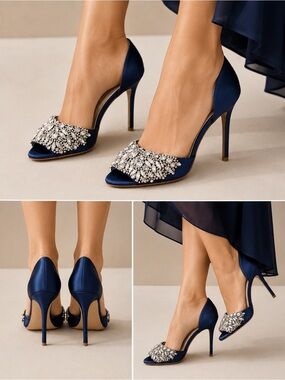 Badgley Mischka Navy Satin Crystal Peep-Toe Pumps